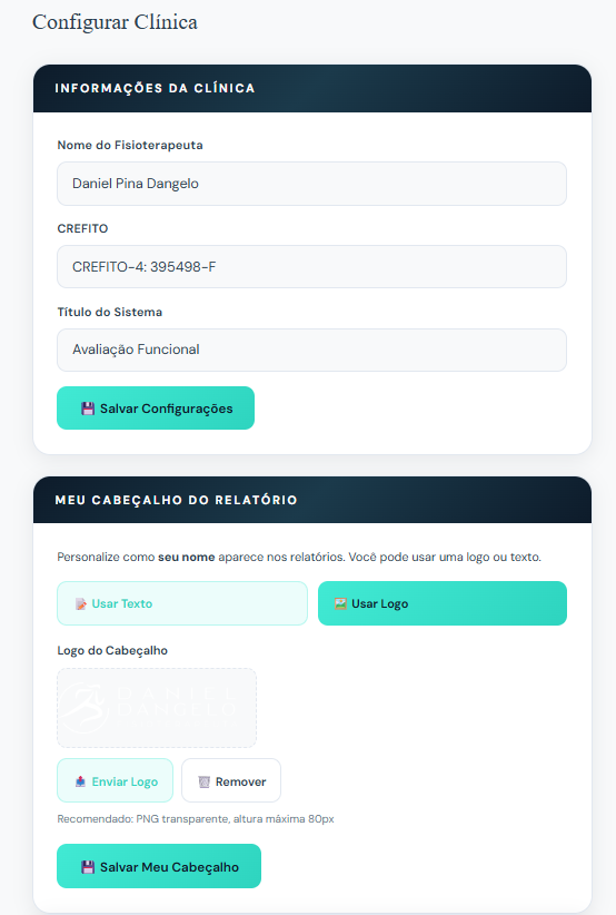 Configurar clínica e cabeçalho do relatório