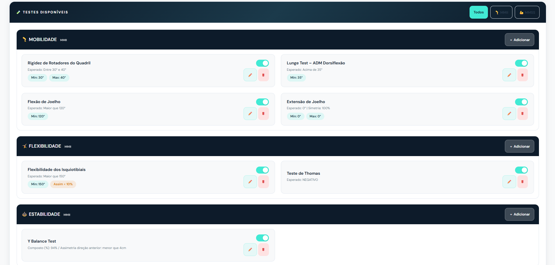 Tela de criação de testes